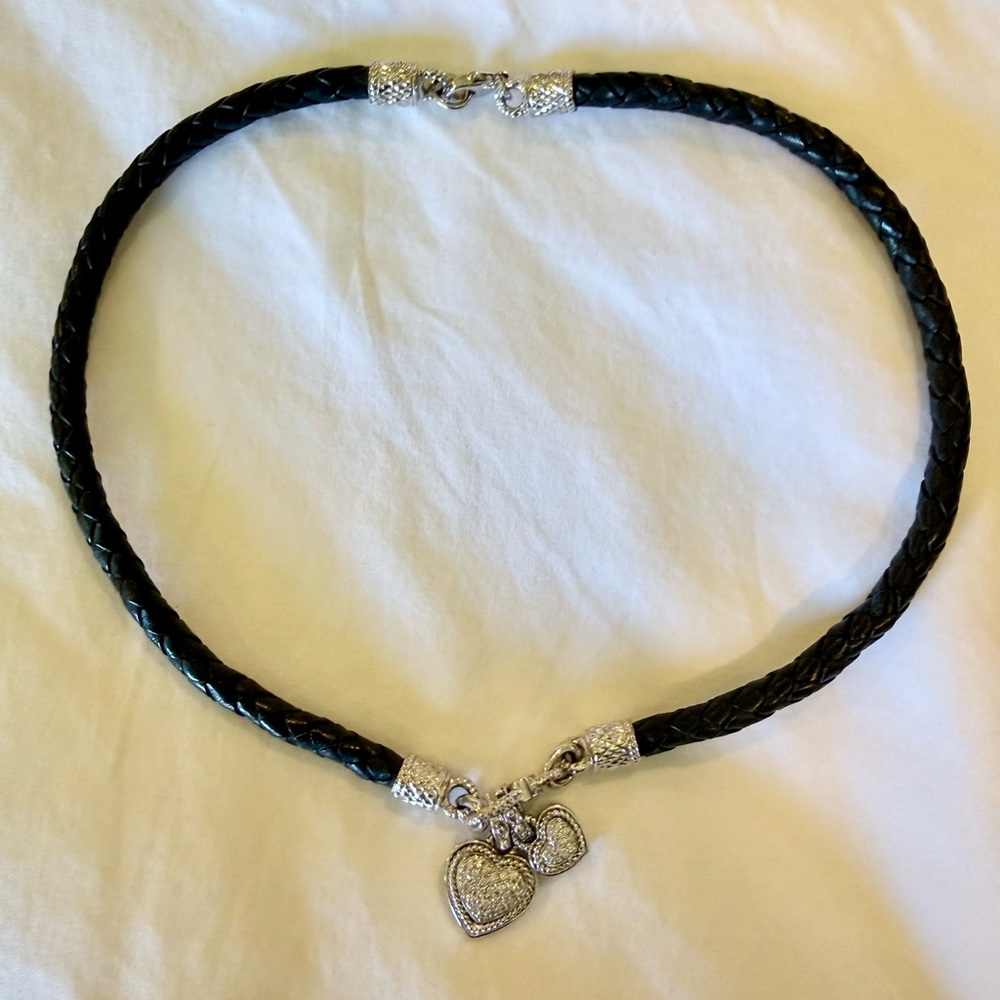 Diamond hearts/Black Braided Leather & sterling Judith Ripka style Necklace